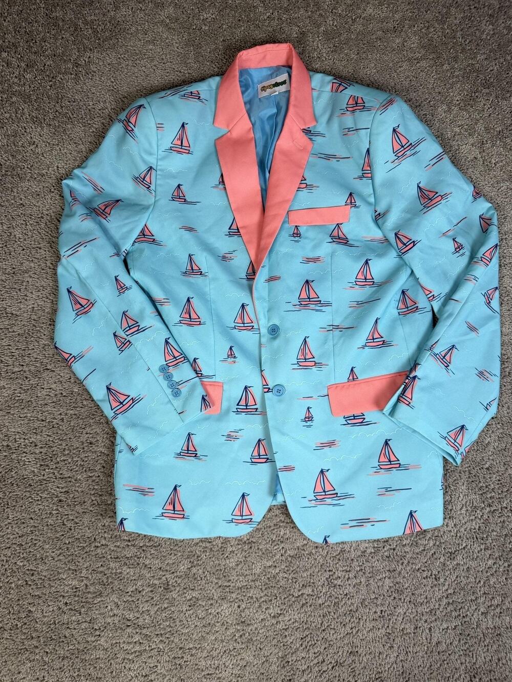 Tipsy Elves Blazer Mens 44 Blue Sailboat Print Coral Trim Party Cocktail